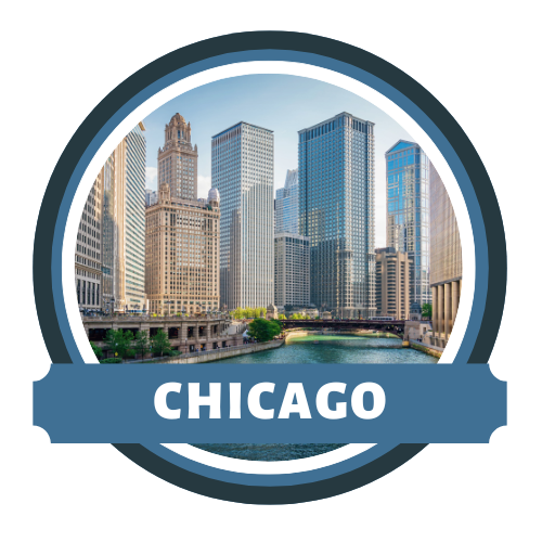 Chicago skyline featuring the river and iconic architecture