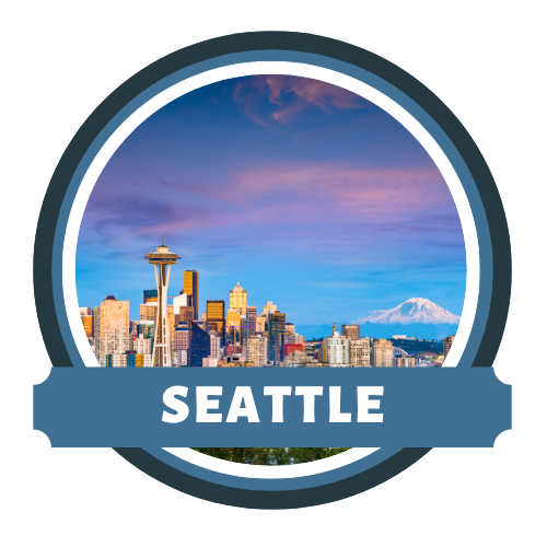 The Seattle skyline featuring the Space Needle and Puget Sound